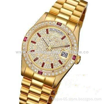 Automatic Watch Men's Watches with Stars Like Diamond, Calendar/Date Function, Gold Color
